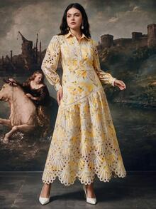 Anewsta Elegant Lace Print Splice A-Line Long Dress With Collar, Long Sleeve, Plus Size Fall - Yellow - View 6