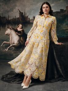 Anewsta Elegant Lace Print Splice A-Line Long Dress With Collar, Long Sleeve, Plus Size Fall - Yellow - View 7