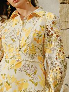 Anewsta Elegant Lace Print Splice A-Line Long Dress With Collar, Long Sleeve, Plus Size Fall - Yellow - View 3