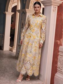 Anewsta Elegant Lace Print Splice A-Line Long Dress With Collar, Long Sleeve, Plus Size Fall - Yellow - View 5