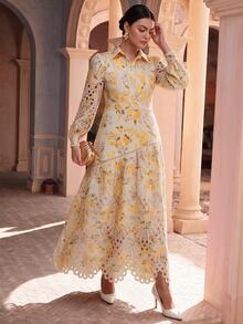 Anewsta Elegant Lace Print Splice A-Line Long Dress With Collar, Long Sleeve, Plus Size Fall - Yellow - View 4
