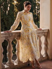 Anewsta Elegant Lace Print Splice A-Line Long Dress With Collar, Long Sleeve, Plus Size Fall - Yellow - View 1