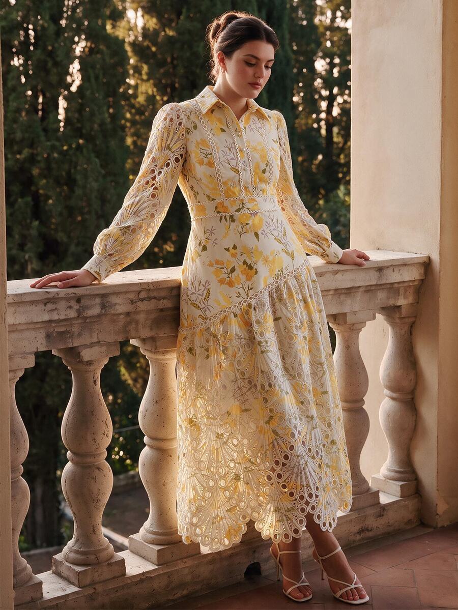 Anewsta Elegant Lace Print Splice A-Line Long Dress With Collar, Long Sleeve, Plus Size Fall - Yellow - View 1
