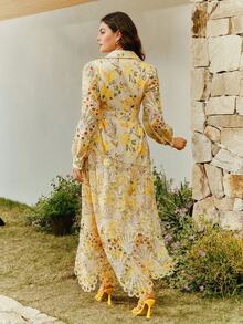 Anewsta Elegant Lace Print Splice A-Line Long Dress With Collar, Long Sleeve, Plus Size Fall - Yellow - View 2