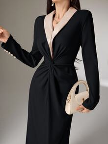 Heiryn Women's Contrast Color Shawl Collar Long Sleeve Twist Waist Elegant Dress - Black - View 3