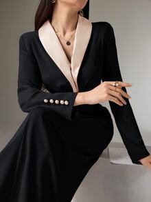 Heiryn Women's Contrast Color Shawl Collar Long Sleeve Twist Waist Elegant Dress - Black - View 7