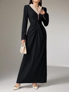 Heiryn Women's Contrast Color Shawl Collar Long Sleeve Twist Waist Elegant Dress - Black - View 6