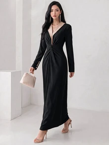 Heiryn Women's Contrast Color Shawl Collar Long Sleeve Twist Waist Elegant Dress - Black - View 1