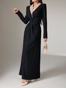 Heiryn Women's Contrast Color Shawl Collar Long Sleeve Twist Waist Elegant Dress - Black - View 5