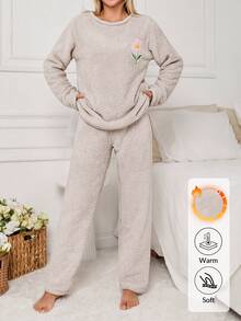 SHEIN Beige Fuzzy Plush Flower Embroidery Cozy Winter Homewear Pajama Set - Beige - View 8