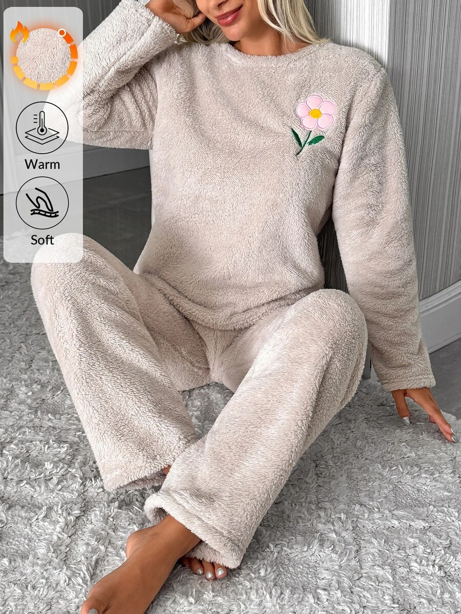 SHEIN Beige Fuzzy Plush Flower Embroidery Cozy Winter Homewear Pajama Set