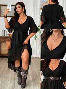 Nubod Women's Plus-Size Black Dress Featuring Lace Paneling And A Pleated Waist-Perfect For Any Festive Occasion, Such As Music Festivals Or Easter. - Black - View 10