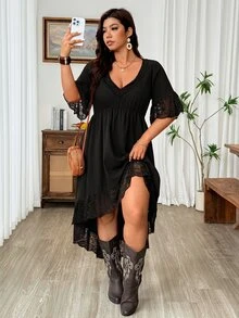 Nubod Women's Plus-Size Black Dress Featuring Lace Paneling And A Pleated Waist-Perfect For Any Festive Occasion, Such As Music Festivals Or Easter. - Black - View 4