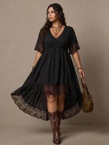 Nubod Women's Plus-Size Black Dress Featuring Lace Paneling And A Pleated Waist-Perfect For Any Festive Occasion, Such As Music Festivals Or Easter. - Black - View 1