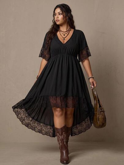 Nubod Women's Plus-Size Black Dress Featuring Lace Paneling And A Pleated Waist-Perfect For Any Festive Occasion, Such As Music Festivals Or Easter.