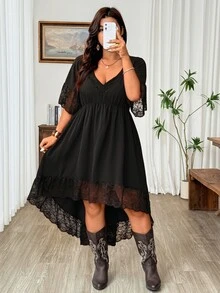Nubod Women's Plus-Size Black Dress Featuring Lace Paneling And A Pleated Waist-Perfect For Any Festive Occasion, Such As Music Festivals Or Easter. - Black - View 5