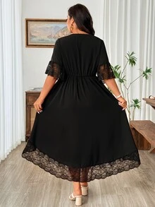 Nubod Women's Plus-Size Black Dress Featuring Lace Paneling And A Pleated Waist-Perfect For Any Festive Occasion, Such As Music Festivals Or Easter. - Black - View 2