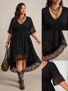 Nubod Women's Plus-Size Black Dress Featuring Lace Paneling And A Pleated Waist-Perfect For Any Festive Occasion, Such As Music Festivals Or Easter. - Black - View 3