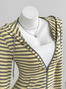 Elamini 女款秋冬黃灰色條紋針織連帽拉鍊外套，附貼袋，修身剪裁，休閒街頭風，復古學院風，適合日常穿著與外出 - 彩色 - 查看 3