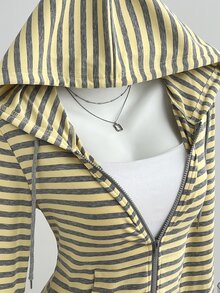 Elamini 女款秋冬黃灰色條紋針織連帽拉鍊外套，附貼袋，修身剪裁，休閒街頭風，復古學院風，適合日常穿著與外出 - 彩色 - 查看 6