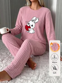 SHEIN 2pcs Cute Bunny Heart Print Long Sleeve Pajama Set Soft Rib Knit Round Neck Top & Full Length Lounge Pants Pajama Set Comfort - Dusty Pink - View 2