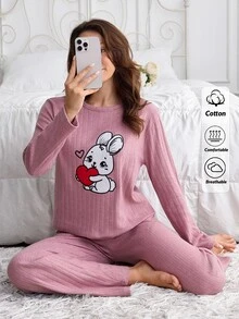 SHEIN 2pcs Cute Bunny Heart Print Long Sleeve Pajama Set Soft Rib Knit Round Neck Top & Full Length Lounge Pants Pajama Set Comfort - Dusty Pink - View 7