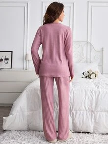SHEIN 2pcs Cute Bunny Heart Print Long Sleeve Pajama Set Soft Rib Knit Round Neck Top & Full Length Lounge Pants Pajama Set Comfort - Dusty Pink - View 3