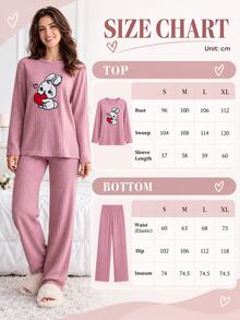 SHEIN 2pcs Cute Bunny Heart Print Long Sleeve Pajama Set Soft Rib Knit Round Neck Top & Full Length Lounge Pants Pajama Set Comfort - Dusty Pink - View 4