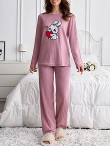 SHEIN 2pcs Cute Bunny Heart Print Long Sleeve Pajama Set Soft Rib Knit Round Neck Top & Full Length Lounge Pants Pajama Set Comfort - Dusty Pink - View 8