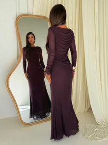 Aloruh Women's Solid Color Pleated Slim Fit Long Sleeve Evening Dress - Burgundy - View 2