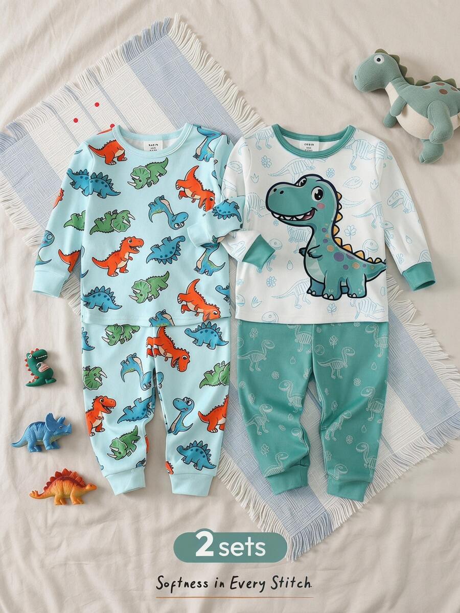 Cozy Pixies Baby Boy Cartoon Animal Print Knit Soft Round Neck Long Sleeve Top And Elastic Waist Long Pants 2-Piece Snug Fit Pajama Set - Multicolor - View 1