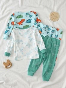 Cozy Pixies Baby Boy Cartoon Animal Print Knit Soft Round Neck Long Sleeve Top And Elastic Waist Long Pants 2-Piece Snug Fit Pajama Set - Multicolor - View 2