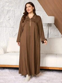 SHEIN Najma Plus Size Women's Loose Casual A-Line Zip-Up Lapel Drop Shoulder Long Sleeve Autumn Long Dress - Brown - View 8