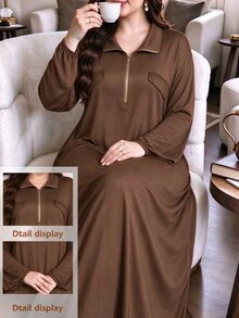 SHEIN Najma Plus Size Women's Loose Casual A-Line Zip-Up Lapel Drop Shoulder Long Sleeve Autumn Long Dress - Brown - View 3