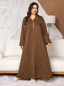 SHEIN Najma Plus Size Women's Loose Casual A-Line Zip-Up Lapel Drop Shoulder Long Sleeve Autumn Long Dress - Brown - View 7
