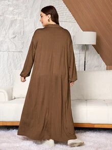 SHEIN Najma Plus Size Women's Loose Casual A-Line Zip-Up Lapel Drop Shoulder Long Sleeve Autumn Long Dress - Brown - View 2