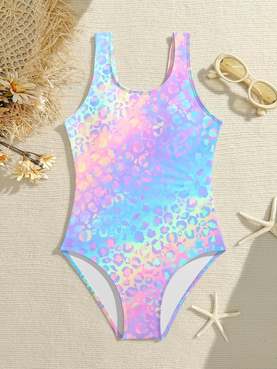 SHEIN Tween Girl Leopard Print One-Piece Swimsuit,Baby Blue,Summer,Cute,Beach,Holiday Criss-Cross Back Round Neck Bathing Suit For Teen Girls Full Coverage - Multicolor - View 1