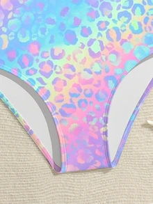 SHEIN Tween Girl Leopard Print One-Piece Swimsuit,Baby Blue,Summer,Cute,Beach,Holiday Criss-Cross Back Round Neck Bathing Suit For Teen Girls Full Coverage - Multicolor - View 3