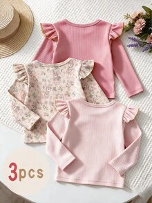 3 piezas de camisetas de manga larga con volantes y estampado de conejo & flores para niña bebé, estilo casual de otoño - Multicolor - Ver 2
