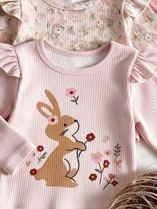 3 piezas de camisetas de manga larga con volantes y estampado de conejo & flores para niña bebé, estilo casual de otoño - Multicolor - Ver 4