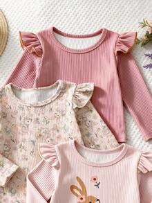 3 piezas de camisetas de manga larga con volantes y estampado de conejo & flores para niña bebé, estilo casual de otoño - Multicolor - Ver 6