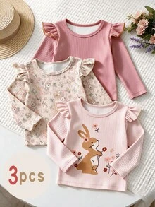 3 piezas de camisetas de manga larga con volantes y estampado de conejo & flores para niña bebé, estilo casual de otoño - Multicolor - Ver 1
