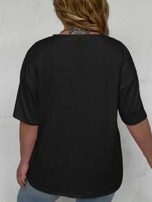 SHEIN CURVE+ Large V-Neck Short Sleeved T-Shirt With Slogan Print, Suitable For Spring And Summer, Women's Clothing Graphic Tees Women Tops - Black - View 2