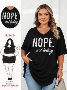 SHEIN CURVE+ Large V-Neck Short Sleeved T-Shirt With Slogan Print, Suitable For Spring And Summer, Women's Clothing Graphic Tees Women Tops - Black - View 1