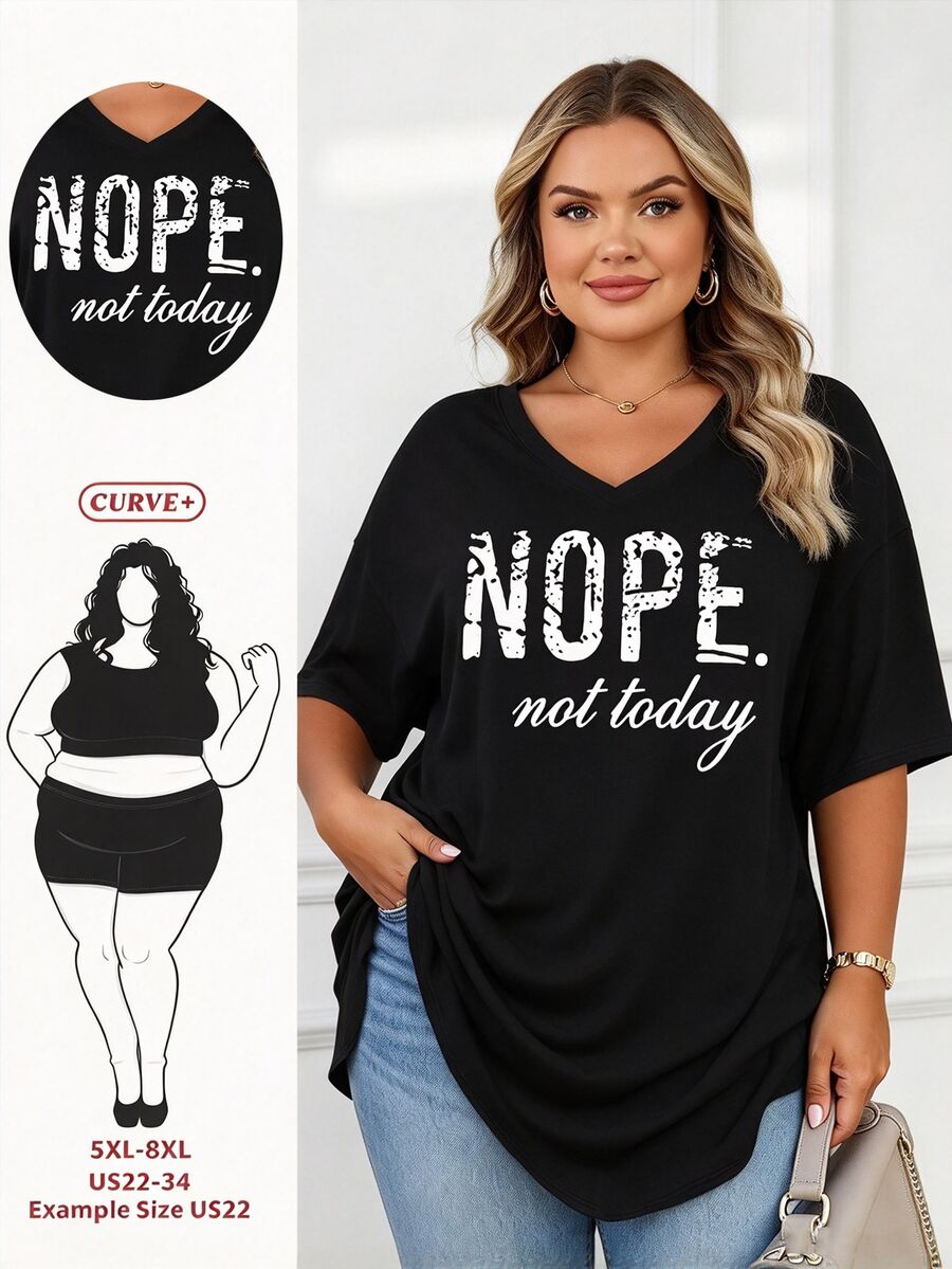 SHEIN CURVE+ Large V-Neck Short Sleeved T-Shirt With Slogan Print, Suitable For Spring And Summer, Women's Clothing Graphic Tees Women Tops - Black - View 1