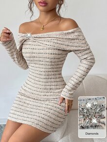 Modelyn French Style Square Neck Ruched Twist Metal Buckle Decor Long Sleeve Slim Fit Bodycon Mini Dress - Multicolor - View 7