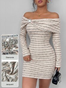 Modelyn French Style Square Neck Ruched Twist Metal Buckle Decor Long Sleeve Slim Fit Bodycon Mini Dress - Multicolor - View 6