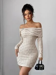 Modelyn French Style Square Neck Ruched Twist Metal Buckle Decor Long Sleeve Slim Fit Bodycon Mini Dress - Multicolor - View 8