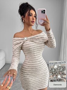 Modelyn French Style Square Neck Ruched Twist Metal Buckle Decor Long Sleeve Slim Fit Bodycon Mini Dress - Multicolor - View 5