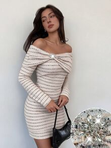 Modelyn French Style Square Neck Ruched Twist Metal Buckle Decor Long Sleeve Slim Fit Bodycon Mini Dress - Multicolor - View 1